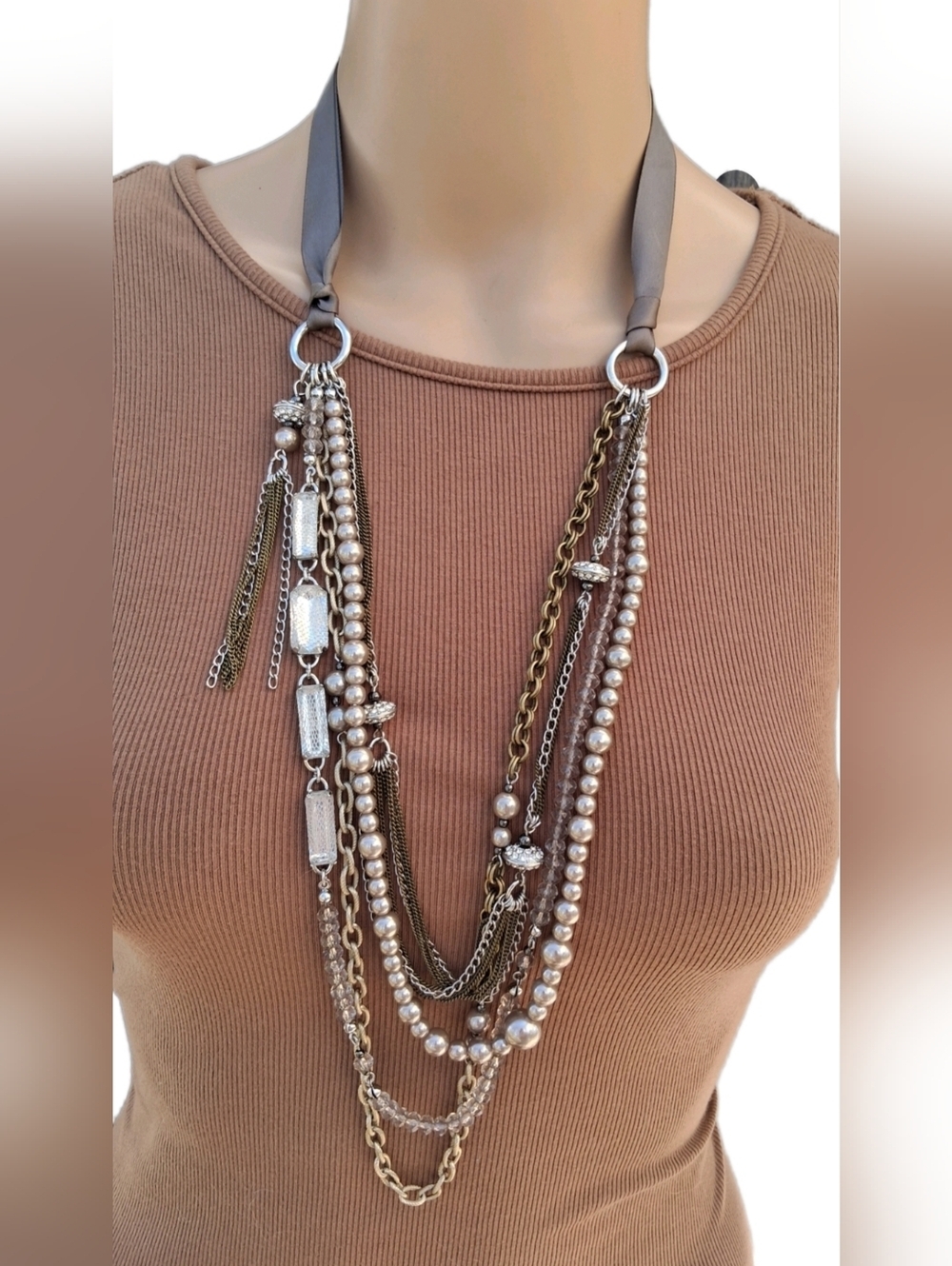 LOFT Multi-Strand Statement Necklace Ribbon Mixed Chain Pearl Lace Detail